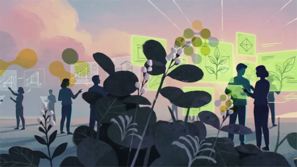 People collaborating around nature-based design panels